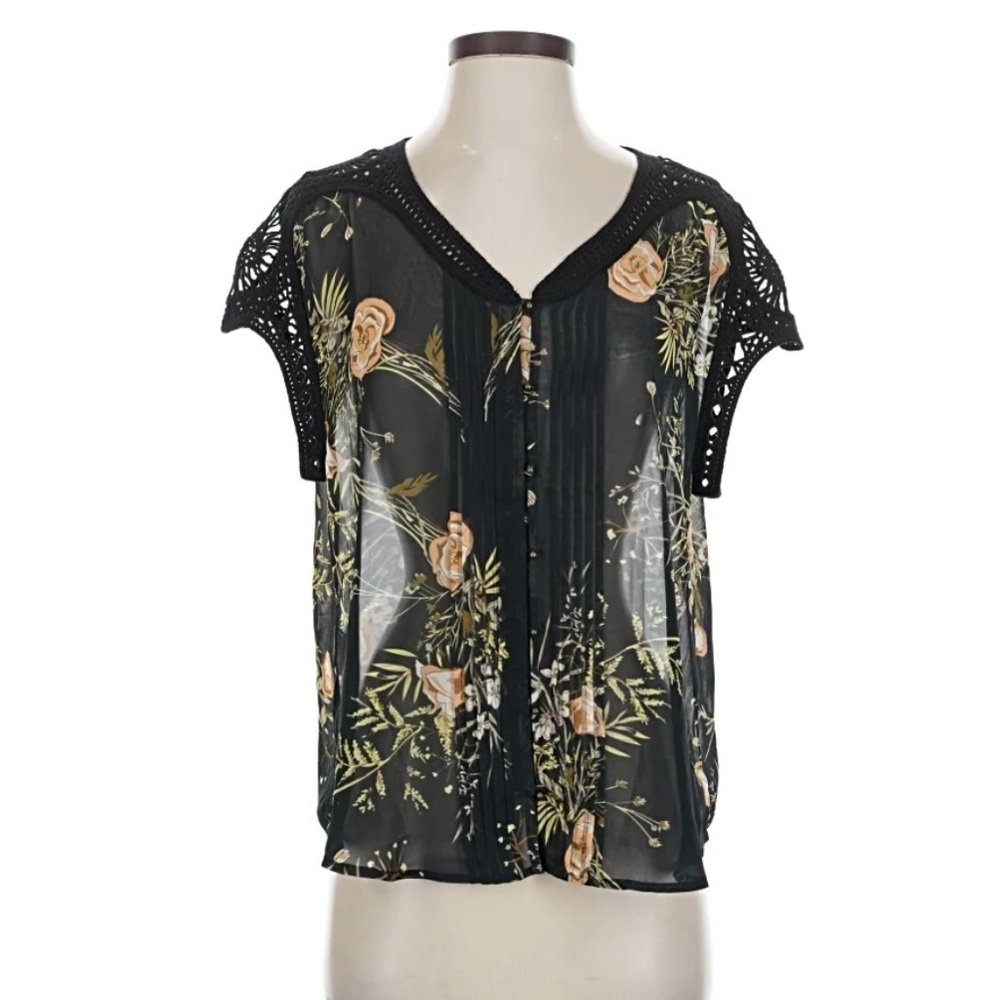 Anthropologie Meadow Rue Black Floral Crochet Sleeve Blouse